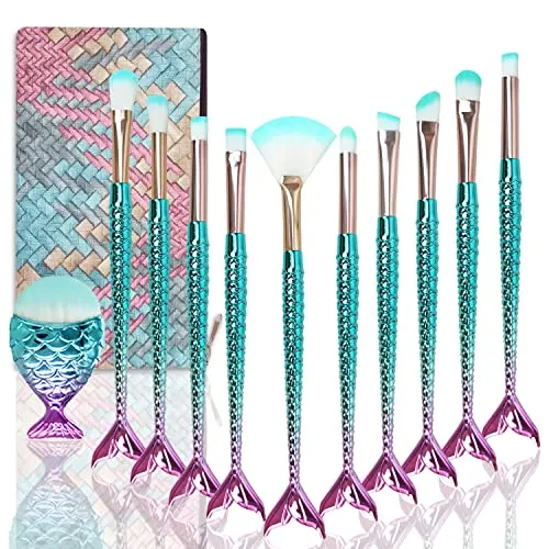 Mermaid Make Up Set - Schminkpinsel Set Mit Tasche, Foundation, Lidschatten, Blush Pinsel für Mädchen - Niedliches Spielzeug, Weihnachts- & Geburtstagsgeschenk (11 Stück)