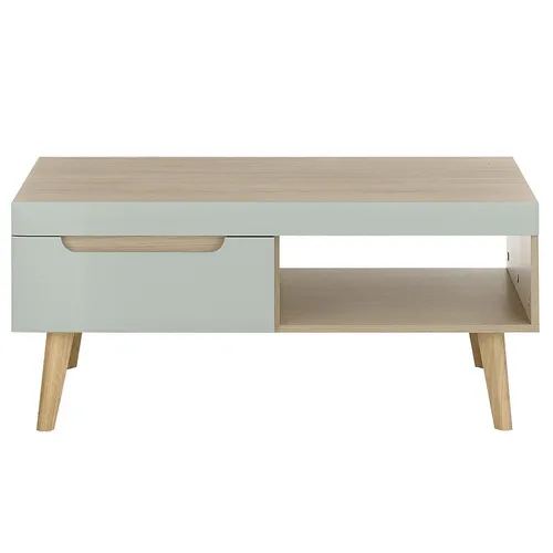 Lomadox Couchtisch STOCKTON-61, matt grün mit Eiche Nb. - Stylischer Couchtisch in Pistazie mit Eiche-Akzenten, ideal für ein modernes Wohnzimmer. Mit 2 Schubkästen und robuster Bauweise bietet er Funktionalität und Eleganz.