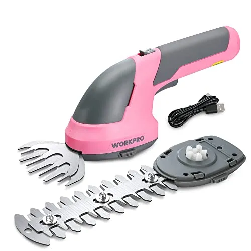 WORKPRO Gartenschere Akku 7,2V Rosa, handliche Grasschere akku mit 2 Messern 2.000mAh Akku und Typ C Kabel Strauchschere elektrisch, 2 in 1 Heckenschere akku Schnittbreite 10cm, Schnittlänge 15cm