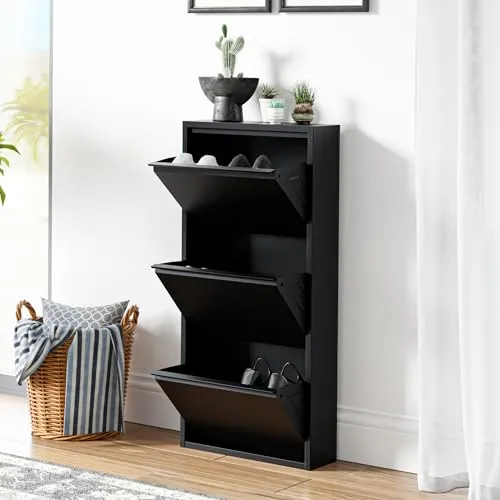 [en.casa] Schuhschrank Sokndal - 3 Klappen Schuhkipper für 6 Paar Schuhe - Schuhablagen mit cleverem Design für Ordnung auf kleinem Raum. Drei Fächer für perfekten Überblick und eine dekorative Ablagefläche für persönlichen Touch.