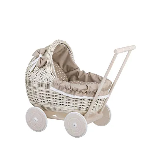 LILI Puppenwagen aus Weide Cremefarben 48X28 H26/47 CM - Puppenwagen aus Weide in Beige, ideal für Puppen bis 35 cm. Robuste und stabile Bauweise mit dekorativen Schleifen – das perfekte Geschenk für kleine Mädchen.