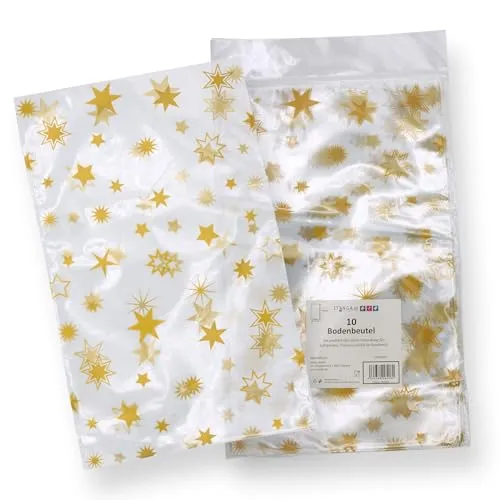 Geschenk Bodenbeutel Kekstüte Weihnachten 10 Stück Folienbeutel CPP aus lebensmittelechter Folie, ca. 14,5 x 23 cm, transparent durchsichtig (Motiv Sterne)