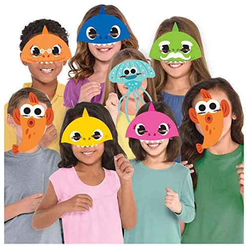 Amscan Masks Baby Shark Paper - 8 lustige Papier-Gesichtsmasken, ideal für die nächste Geburtstagsparty und garantiert viel Spaß