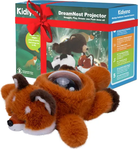 Interaktives Kuscheltier mit Baby Einschlafhilfe, Plüschtier & Himmel Projektor, Schlafmusik, Bewegungs- & Weinsensor, Wiederaufladbar, Geschenk ab 0 Monat, Fuchs