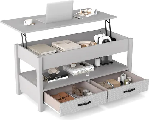 COSTWAY Couchtisch Höhenverstellbar, Sofatisch mit offene Ablage & 2 Schubladen, Wohnzimmertisch mit Tischplatte 50-63,5cm, Kafeetisch Holz, Grau