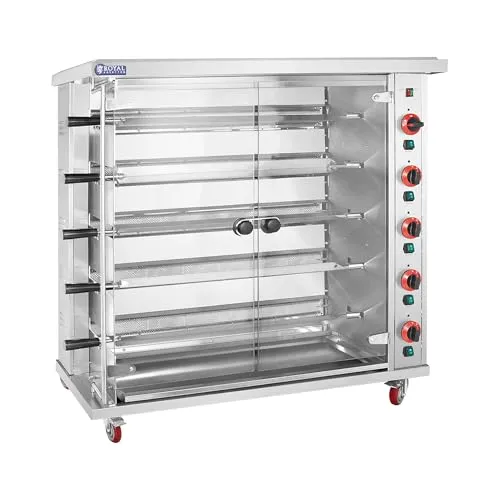 Royal Catering Gasgrill Gas-Hähnchengrill mit 5 Spießen und Beleuchtung - Großküchentechnik – Effizienter Hähnchengrill mit 5 x 5 kW Leistung, ausgestattet mit praktischen Rädern für einfache Mobilität und optimaler Sichtbarkeit durch integrierte Beleuchtung.