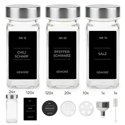 24x Gewürzgläser Edelstahl Deckel inkl. 240x Etiketten, 30x Streueinsätze, 1x Edelstahl Trichter, 1x Reinigungsbürstchen Vorratsgläser eckig