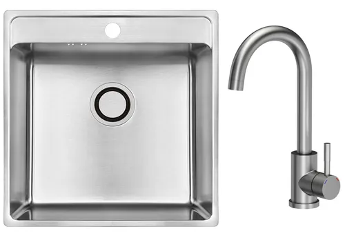 VBChome Edelstahl Einbauspüle 49x48x21 cm – Gebürsteter Stahl mit Hahnloch | Küchenspüle mit Armatur & Siphon | Großes Becken aus Inox Edelstahl