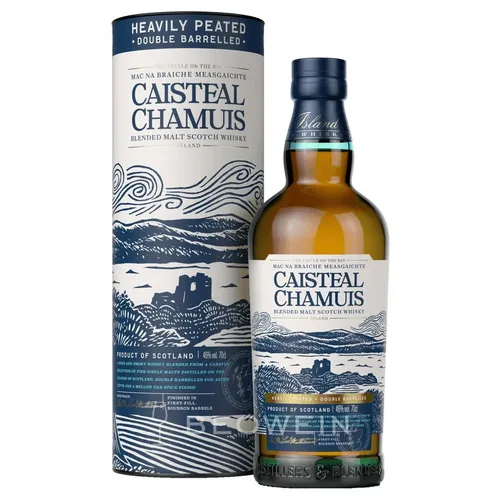Caisteal Chamuis Bourbon Casks Heavily Peated Blended Malt Scotch Whisky 46% Vol. 0,7l - Hochwertiger Whisky aus Skye, perfekt für Kenner. Verführt mit eleganten Noten von Torfrauch, Honig und Vanille in einer stilvollen Geschenkbox.