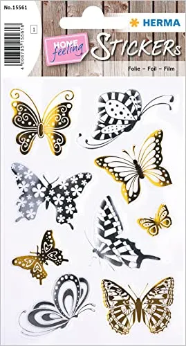 HERMA 15561 Aufkleber Schmetterlinge Gold Silber klein, 9 Stück, Tiere Sticker mit Schmetterling Butterfly Motiv, Kinder Etiketten für Fotoalbum Tagebuch Poesiealbum Scrapbooking Dekoration Briefe DIY