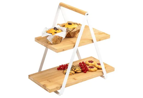 eluno Mehrzweckregal Etagere aus Bambus - Standregal mit 2 Etagen, ideal zum Servieren und Anrichten von Speisen, pflegeleicht und platzsparend faltbar, perfekt für Küche und Veranstaltungen.
