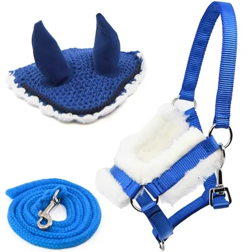 Hobby Horse Zubehör-Set Halfter mit Führstrick und Insektenhaube – Größe A4 und A3 (blau)