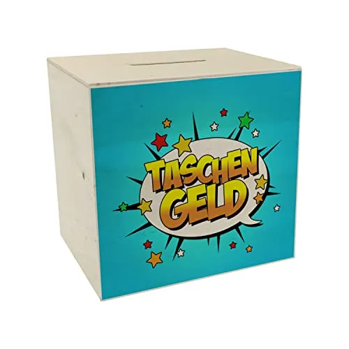 Taschengeld Spardose aus Holz im coolen Comic-Look als Geschenkidee für Kinder und Teenager die sparen und Nicht Alles auf einmal ausgeben sollen