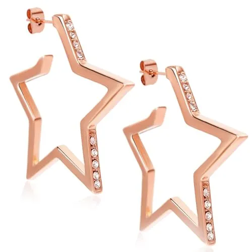 Creolen Rosegold Stern Ohrringe Stern-Schmuck Kristalle 45 mm Ohrhänger NOBEL SCHMUCK