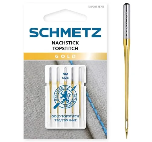 SCHMETZ | 5 Nähmaschinennadeln | Gold Nachstick (Topstitch) | 130/705 H-NT | Nadeldicke 80/12 | auf jeder gängigen Haushaltsnähmaschine und Haushaltsstickmaschinen einsetzbar