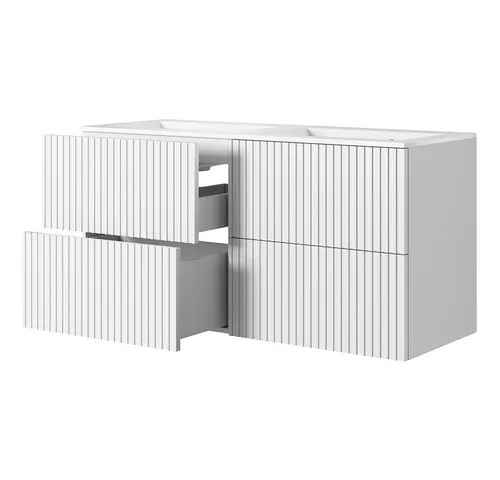 Lomadox Doppelwaschtisch NAVASOTA-141, 120cm breit, weiß - Eleganter Doppelwaschtisch mit 4 grifflosen Schubladen und gerillter Front. Ideal für moderne Badezimmer, selbstmontierbar und aus robustem MDF gefertigt.