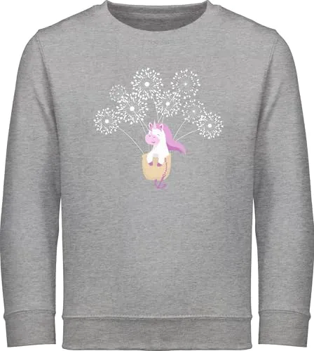 Sweatshirt Kinder Pullover für Jungen Mädchen - Einhörner - Einhorn Pusteblume - 128 (7/8 Jahre) - Grau meliert - langarm pulli einhörnern pusteblumen reitpullover sweat unicorns kinderpullover