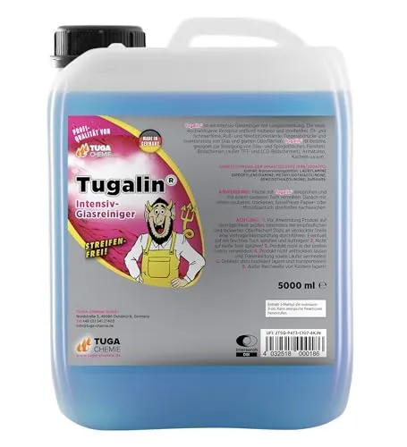 Tuga-Chemie Glasreiniger Tugalin 5L - Reinigungsmittel mit gebrauchsfertigem Glasreiniger, bietet streifenfreien Glanz und einen Abperleffekt, der Wasser und Schmutz abweist. Ideal für alle Glasflächen und einfache Handhabung.