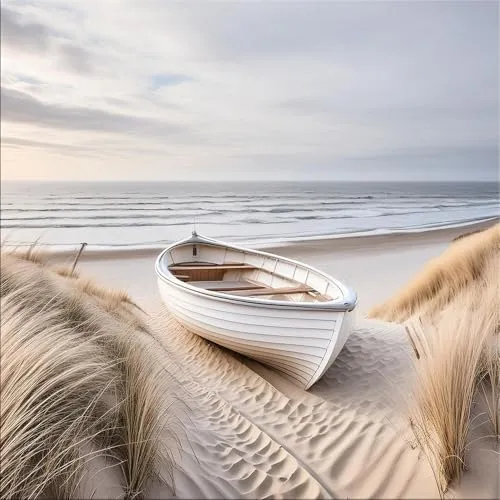 artissimo Glasbild 50x50cm - Holz-Boot am Strand - Bilder - Zeitgenössische Kunst Fotografie, quadratisches Glasbild mit traumhaftem Dünenlandschaft-Motiv, ideal für stilvolle Wohnräume.