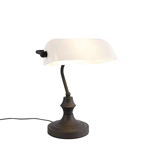 Qazqa Antik Notarlampe schwarz mit Opalglas – Elegante Bankerleuchte für jeden Raum - Elegante Bankerleuchte mit E27-Fassung, dimmbar. Ideal für Wohnzimmer, Büro oder Schlafzimmer. Klassisches Design kombiniert mit moderner LED-Eignung für stilvolle Innenbeleuchtung.