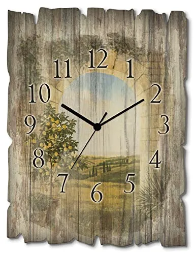 ARTLAND Wanddeko Wanduhr ohne Tickgeräusche aus Holz Funk Uhr lautlos Rechteckig 30x40 cm Torbogen Tontöpfe Zitronenbaum Wiese Zypressen Toskana Rustikal T4AK