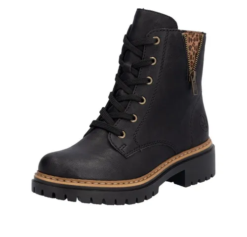Rieker Damen Stiefelette Beige - Schwarz - 41 - Wanderschuhe mit modischem Biker-Design, rutschfester Sohle und wärmendem Fleecefutter für optimalen Komfort und Stil an kalten Tagen.