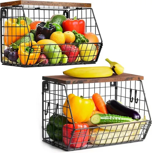 Obstschale Obstkorb Hängend 2 Etagen - Platzsparender Küchenorganizer - Schalen & Schüsseln – Stilvoller 2-Etagen Obstkorb aus robustem Kohlenstoffstahl mit Holzdeckel, ideal für platzsparende Aufbewahrung in Küche, Bad oder Büro.