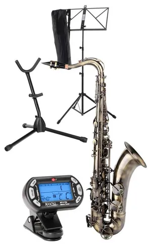 Classic Cantabile Winds TS-450 Antique Yellow Tenorsaxophon Set - Holzblasinstrumente mit Antique Yellow Vintage Lackierung, ergonomischer Klappenmechanik und vollem warmen Klang. Sparset inklusive Metro-Tuner, Saxophonständer und Notenständer.