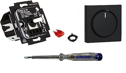 Busch Jäger 6523U-102 LED-Drehdimmer LED-Dimmer mit Dimmerscheibe Zentralplatte 6540-885-102 in Schwarz Matt inklusive EBROM Phasenprüfer zur Montage des Dimmers (6523 U – 102)