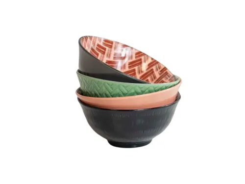 KitchenCraft 4er-Set Schüsseln - Schüsselsets aus gemusterter Keramik, spülmaschinen- und mikrowellengeeignet, ideal für Lebensmittel oder zur Dekoration, mit buntem Designed for Life Druck.