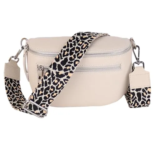 MIRROSI® Damen Bauchtasche Umhängetasche 27x14,5x8cm Damen, Made in Italy, aus Echtleder Tasche Echtes Leder, Brusttasche, Crossbody Bag,Bohemian Style (1 Tasche 2 Gurte) (Beige Leo)