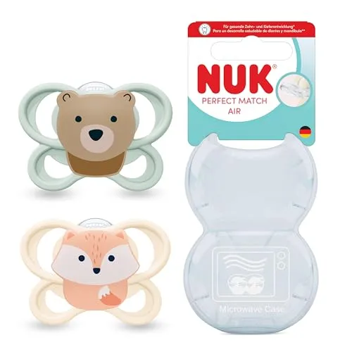 NUK Perfect Match Air Baby Schnuller | 0-6 Monate | kiefergerechte Schnuller zur Förderung der Belüftung und Vermeidung von Reizungen | 95% Akzeptanz von Babys | Fuchs/Bär | 2 Einheiten
