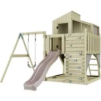 PolarPlay Spielturm Lotta - Spieltürme mit Spielhaus und Kletterwand, ideal für Gartenabenteuer. Bruchsichere Fenster und stabile Holzstruktur sorgen für Sicherheit und Spaß für Kinder ab 3 Jahren.
