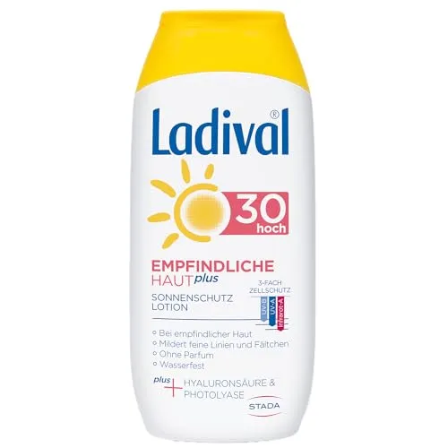 LADIVAL empfindliche Haut Plus LSF 30 Lotion, 200 ml - Sonnenschutzmittel für empfindliche Haut mit Hyaluronsäure & Photolyase. Wasserfest und ohne Parfum, ideal für ein angenehmes Hautgefühl.