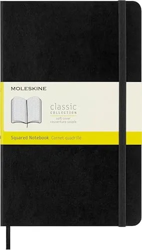 Moleskine Klassisches Notizbuch, Kariertes Notizbuch, Weicher Einband und Elastischer Verschluss, Großes Format 13 x 21 cm, Farbe Schwarz, 192 Seiten