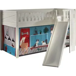 Kinderbett Karyl mit Rutsche aus Massivholz in Weiß - Halbhohes Spielbett mit Rutsche aus der Karyl-Serie. Robuste Konstruktion, einfache Selbstmontage und viel Platz zum Spielen unter der Liegefläche. Ideal für kreative Kinderzimmer!