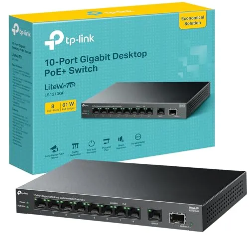 TP-Link LS1210GP 10-Port Gigabit Switch mit 8-Port PoE+ - Netzwerk-Switch mit 8 PoE+-Ports für einfache Stromversorgung von Geräten wie IP-Kameras und Zugangspunkten. Bis zu 250m PoE-Übertragung, lüfterlos für leisen Betrieb und einfache Plug-and-Play-Installation.