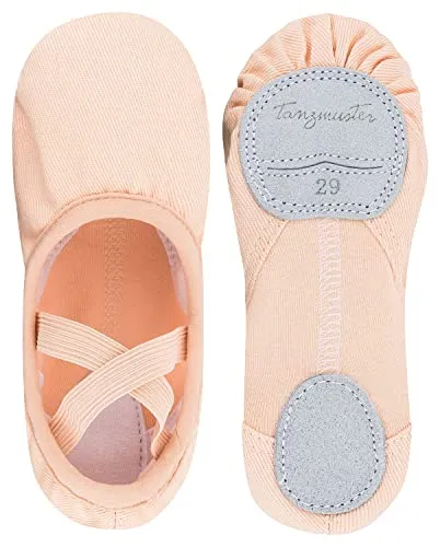 tanzmuster ® Ballettschuhe Mädchen Ballettschläppchen - Mika - Baumwoll-Stretcheinsatz, Geteilte Ledersohle, Rosa-Apricot, Größe 37