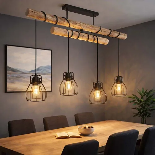 Hängeleuchte Holzbalken 4 Flammig - Höhenverstellbare Esszimmerlampe - Moderne Pendelleuchte aus schwarzem Metall und Holz, drehbarer Arm für perfekte Lichtakzente, ideal für Esszimmer oder Wohnräume.