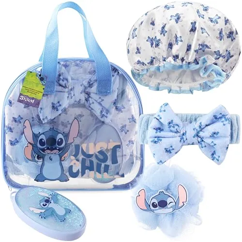 Get Trend Disney Stitch Kulturtasche Damen Set, 5-Teilig, Duschhaube, Haarband, Haarbürste & Dusch Schwamm Geschenke für Frauen, Kinder & Teenager (Blau Stitch)
