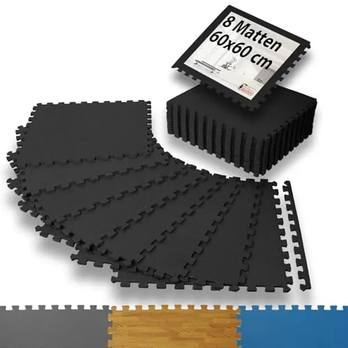 ALPIDEX 8er Set Bodenschutz Sportgeräte Matte 1cm Dicke 60x60 cm Trainingsmatten 2,88 m² Unterlegmatte Pool Fitness Turnmatte Fitnessraum Gymnastikmatte Fitnessmatte Bodenmatte Gummimatte, black