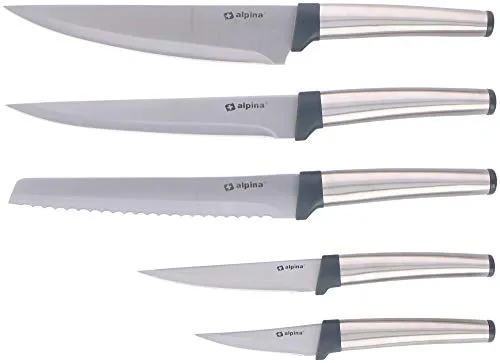 alpina Kochmesserset 5-Teilig - Profi Messerset - Multifunktionales Chefmesser - Bestückt für Küchen - Allzweckmesser aus Edelstahl - Brotmesser - 20,5 bis 33,5 cm - Silber