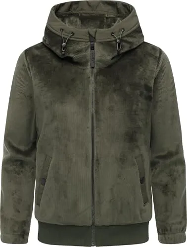 Ragwear Damen warme Übergangsjacke kurze Cord-Jacke aus kuscheligem Rippstrickoptik-Material in Samt-Haptik Plüschjacke mit Fleece-Innenfutter und Kapuze Cousy Short Bonded Dark Olive Gr. M