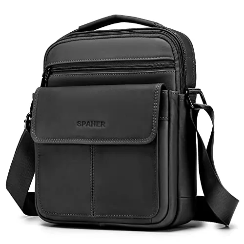 SPAHER Umhängetasche Leder Herren Herrentasche Schultertasche Echtes Leder Handgelenktasche Herren Schultertasche Crossbody Bag Messenger Bags Geschenk für Männer