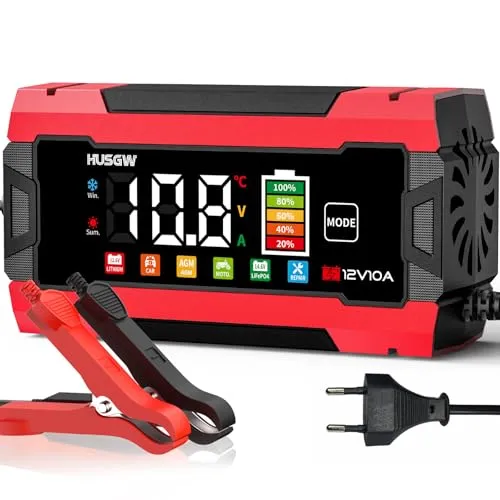12V 10A Autobatterie Ladegerät mit Farbdisplay, automatischer Abschaltung & Temperaturkompensation, für Auto/Motorrad (AGM/EFB/Gel/LiFePO4), 6-Fach Schutz(Rot 10)