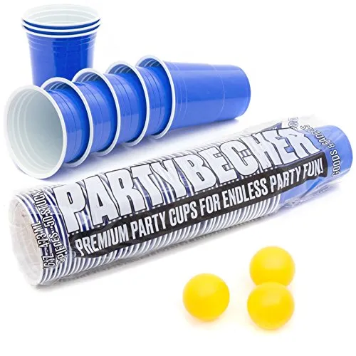 GOODS+GADGETS 100 Stück Blaue Partybecher; Wiederverwendbare Getränkebecher Blue Cups Trinkbecher 16 oz Kunststoff Party Becher Plastikbecher - Set inkl. 3 Tischtennis-Bälle