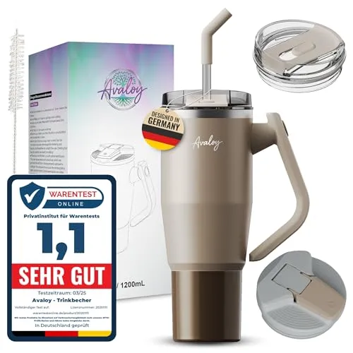 Avaloy auslaufsicher Thermobecher mit Griff und Strohhalm 40 oz Thermobecher Doppelwandiger Edelstahl Vakuum Tumbler für Kalt Heiß Kaffeebecher To Go 1200 ml Stanley Cup Zubehör (Beige/Brown)