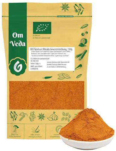 BIO Tandoori Masala 150g – Aromatische Gewürzmischung für Indische Küche: Tikka, Butter Chicken, BBQ, Grillmarinaden, Curry, Fleisch, Fisch & Gemüse | Sehr Scharf | DE-ÖKO-039 | OmVeda