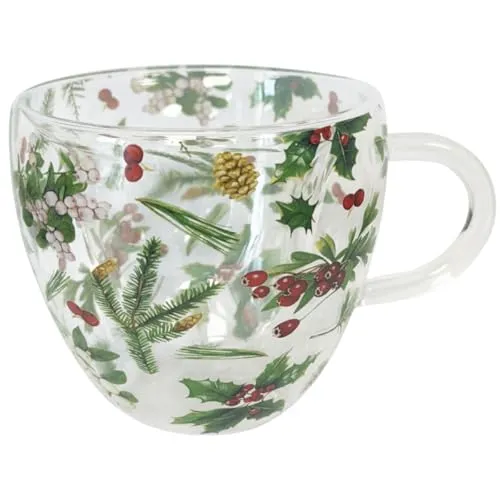 Ambiente Teetasse Tasse Mug für Heissgetränke Glas doppelwandig 0,2L Serie Winter greenery Weihnachten Zweige Ilex Stechpalme