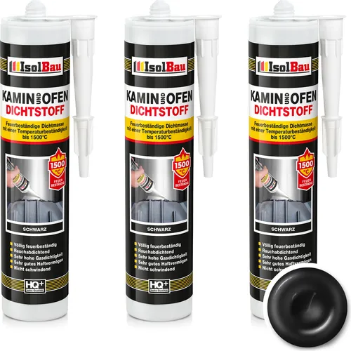 Isolbau Kamin & Ofen Dichtstoff - 3 x 300 ml, Feuerbeständige Dichtmasse bis 1500 °C - Für Reparatur & Füllung von Rissen in Kaminen & Öfen - Schwarz